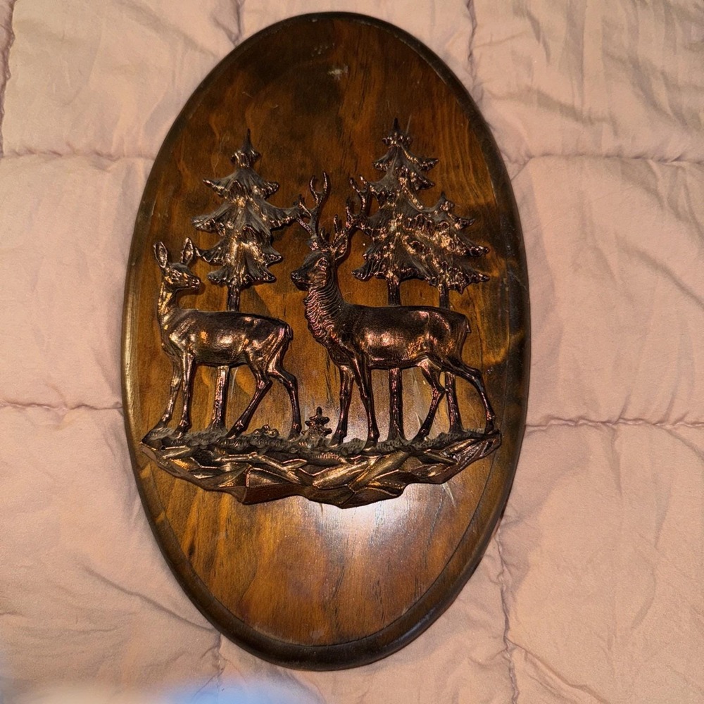 Vtg MCM Christmas Wood Oval Deer Buck In The Woods Trees Wall Art Picture